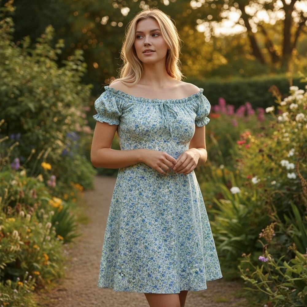 RIHOAS Women’s Medium Green Blue Floral Dress